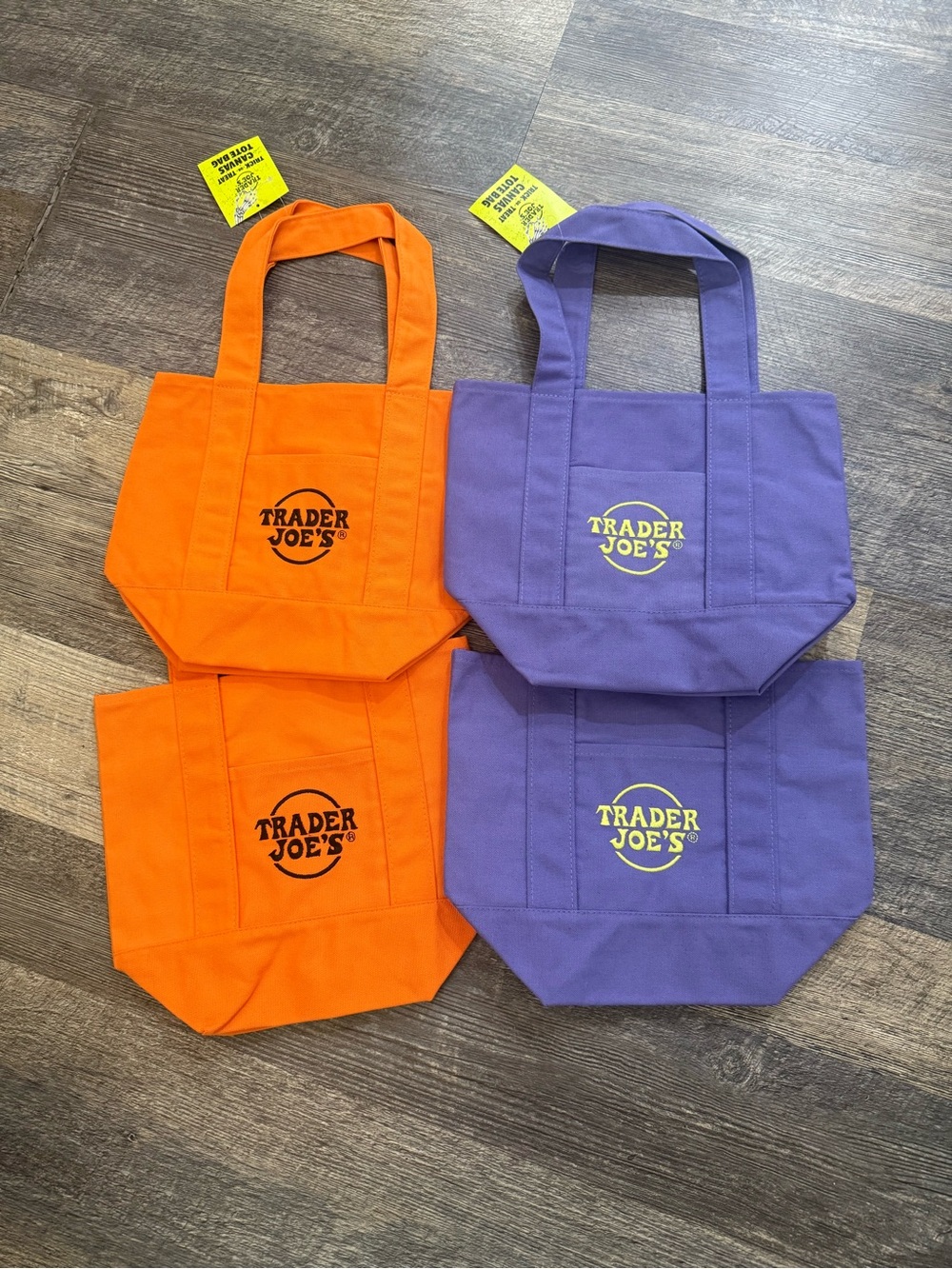 4 Trader Joe’s mini tote bags halloween Fall edition 2025. Orange and Purple